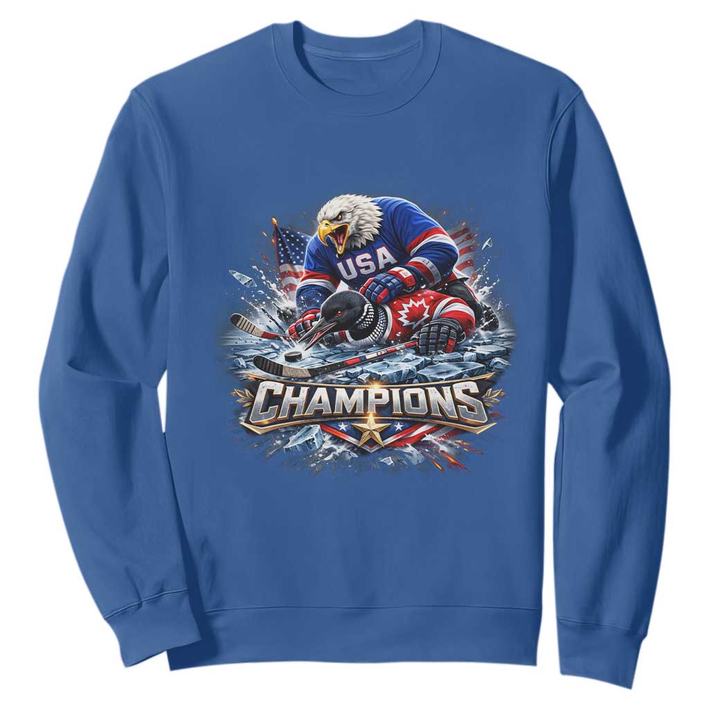 USA Ice Hockey Sweatshirt Eagle Dominates Canada 2026 Hockey Champions Graphic TS10 Royal Blue Print Your Wear