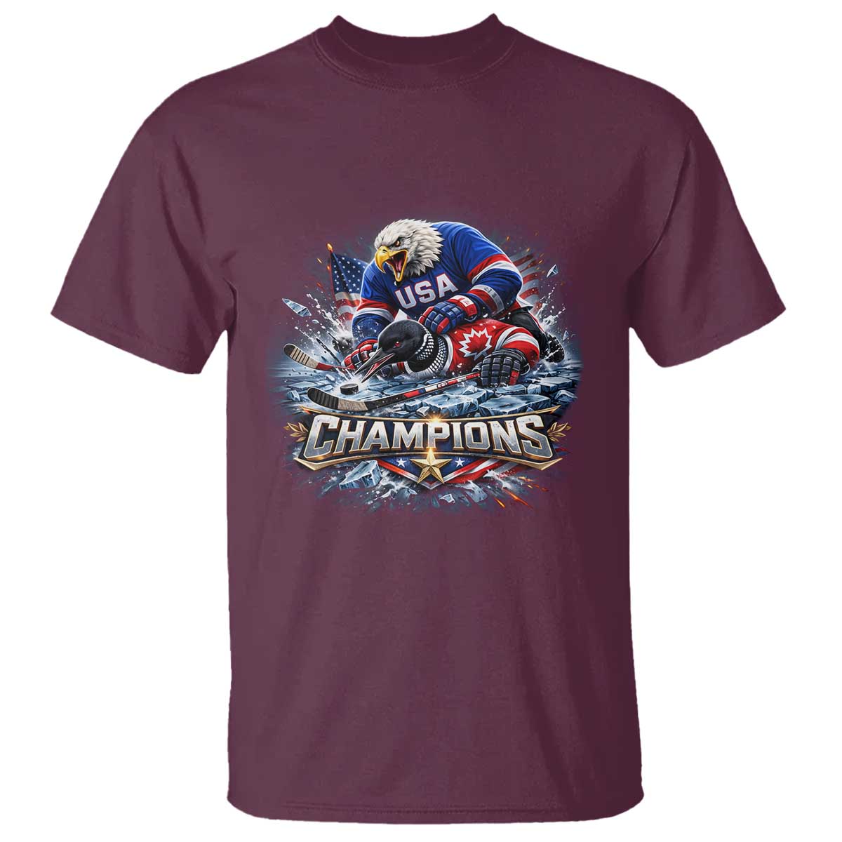 USA Ice Hockey T Shirt Eagle Dominates Canada 2026 Hockey Champions Graphic TS10 Maroon Print Your Wear