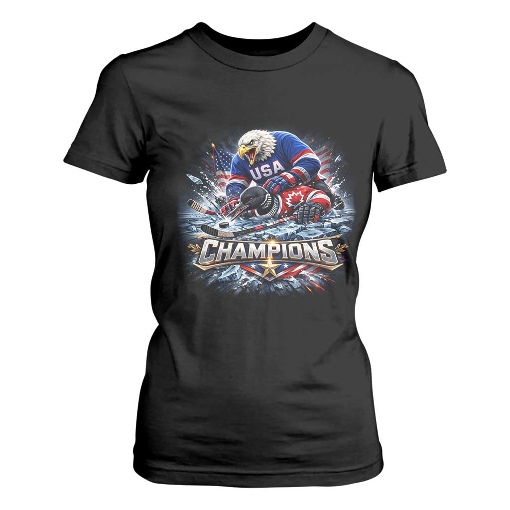 USA Ice Hockey T Shirt For Women Eagle Dominates Canada 2026 Hockey Champions Graphic TS10 Black Print Your Wear