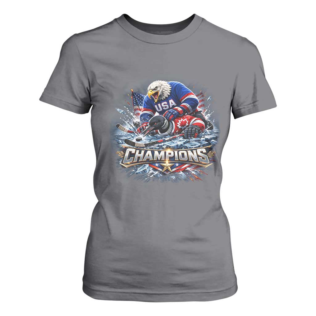 USA Ice Hockey T Shirt For Women Eagle Dominates Canada 2026 Hockey Champions Graphic TS10 Charcoal Print Your Wear