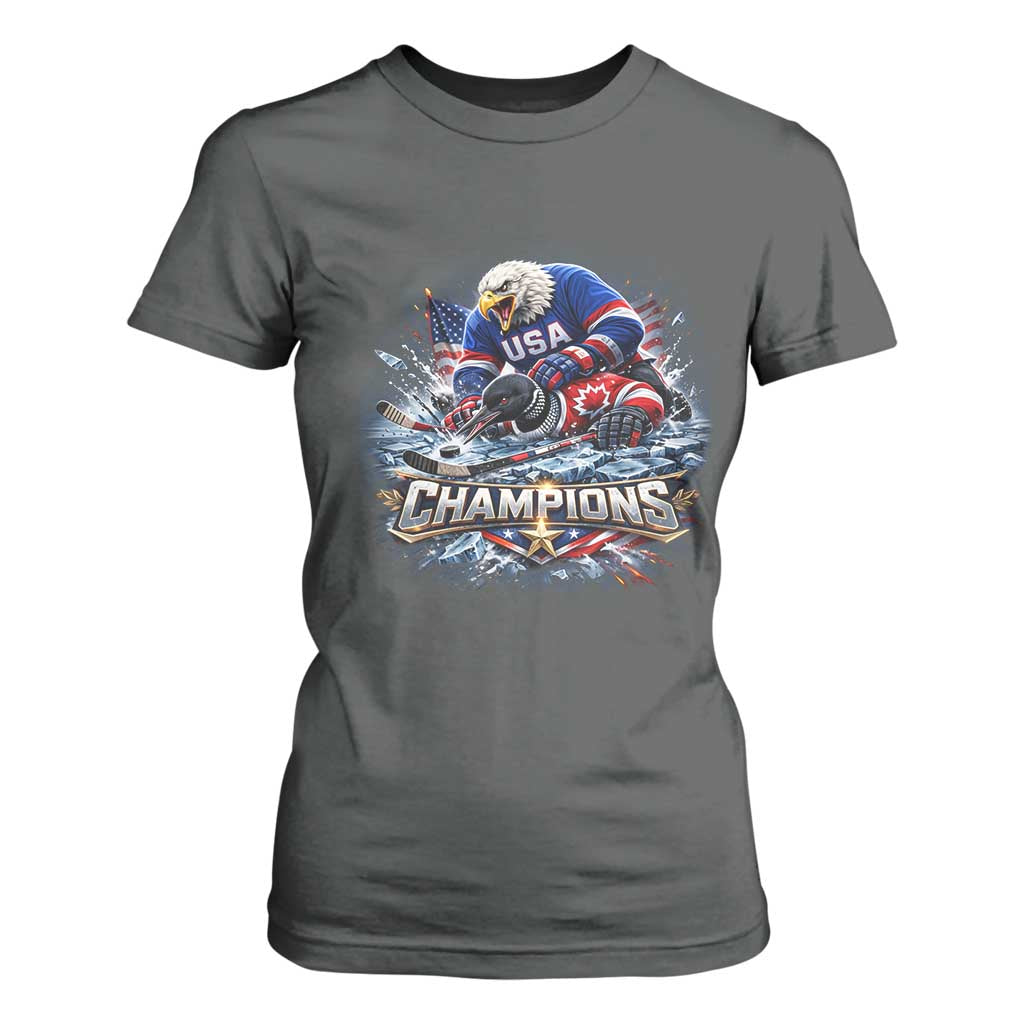 USA Ice Hockey T Shirt For Women Eagle Dominates Canada 2026 Hockey Champions Graphic TS10 Dark Heather Print Your Wear