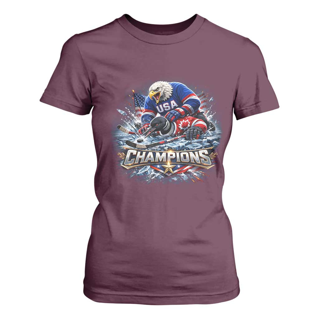USA Ice Hockey T Shirt For Women Eagle Dominates Canada 2026 Hockey Champions Graphic TS10 Maroon Print Your Wear
