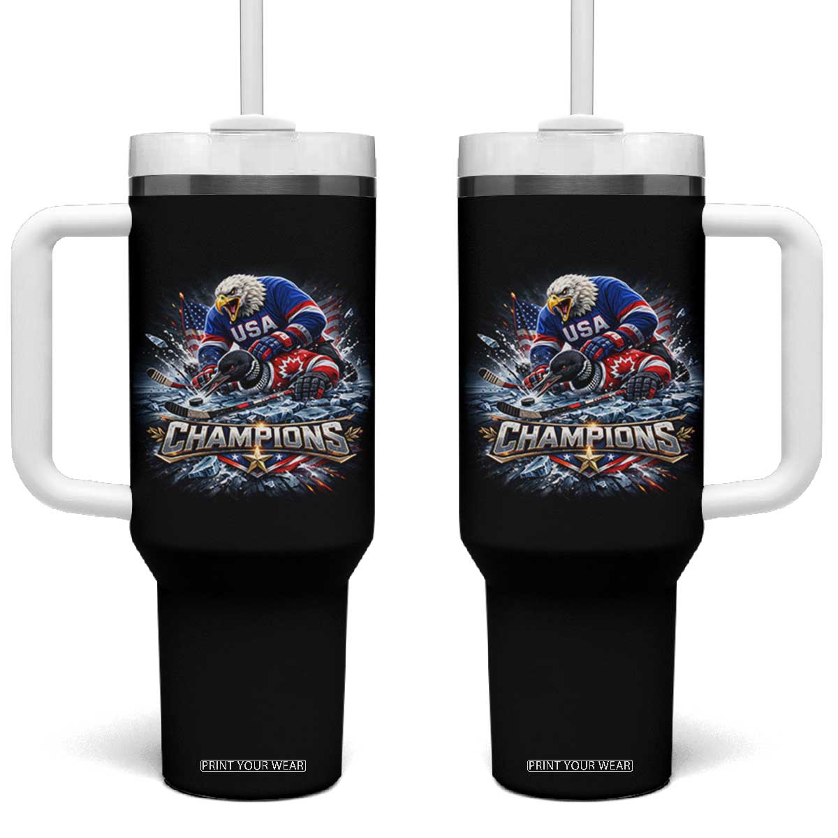 USA Ice Hockey Tumbler With Handle Eagle Dominates Canada 2026 Hockey Champions Graphic TS10 One Size: 40 oz Black Print Your Wear