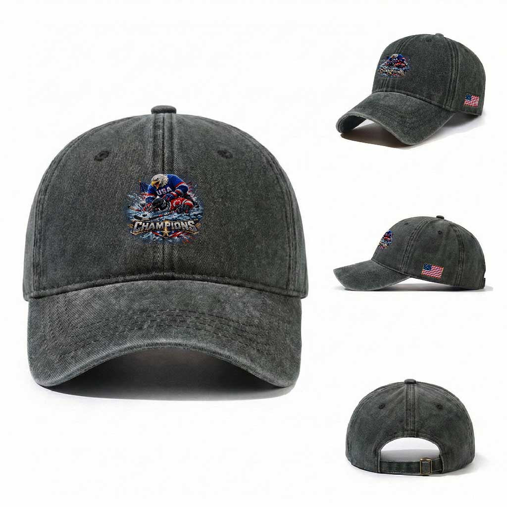 USA Ice Hockey Washed Cotton Baseball Cap Eagle Dominates Canada 2026 Hockey Champions Graphic TS10 Washed Cap Universal Fit Dark Green Print Your Wear