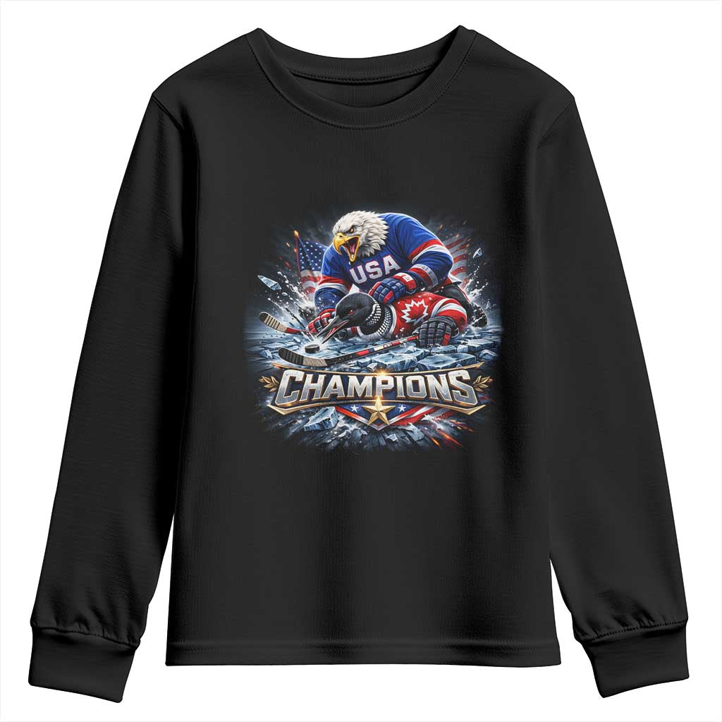 USA Ice Hockey Youth Sweatshirt Eagle Dominates Canada 2026 Hockey Champions Graphic TS10 Black Print Your Wear