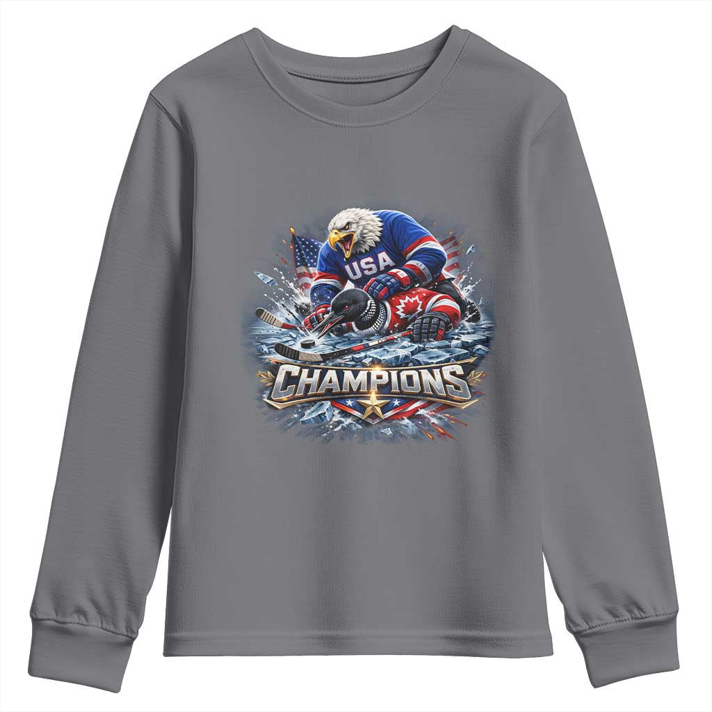 USA Ice Hockey Youth Sweatshirt Eagle Dominates Canada 2026 Hockey Champions Graphic TS10 Charcoal Print Your Wear