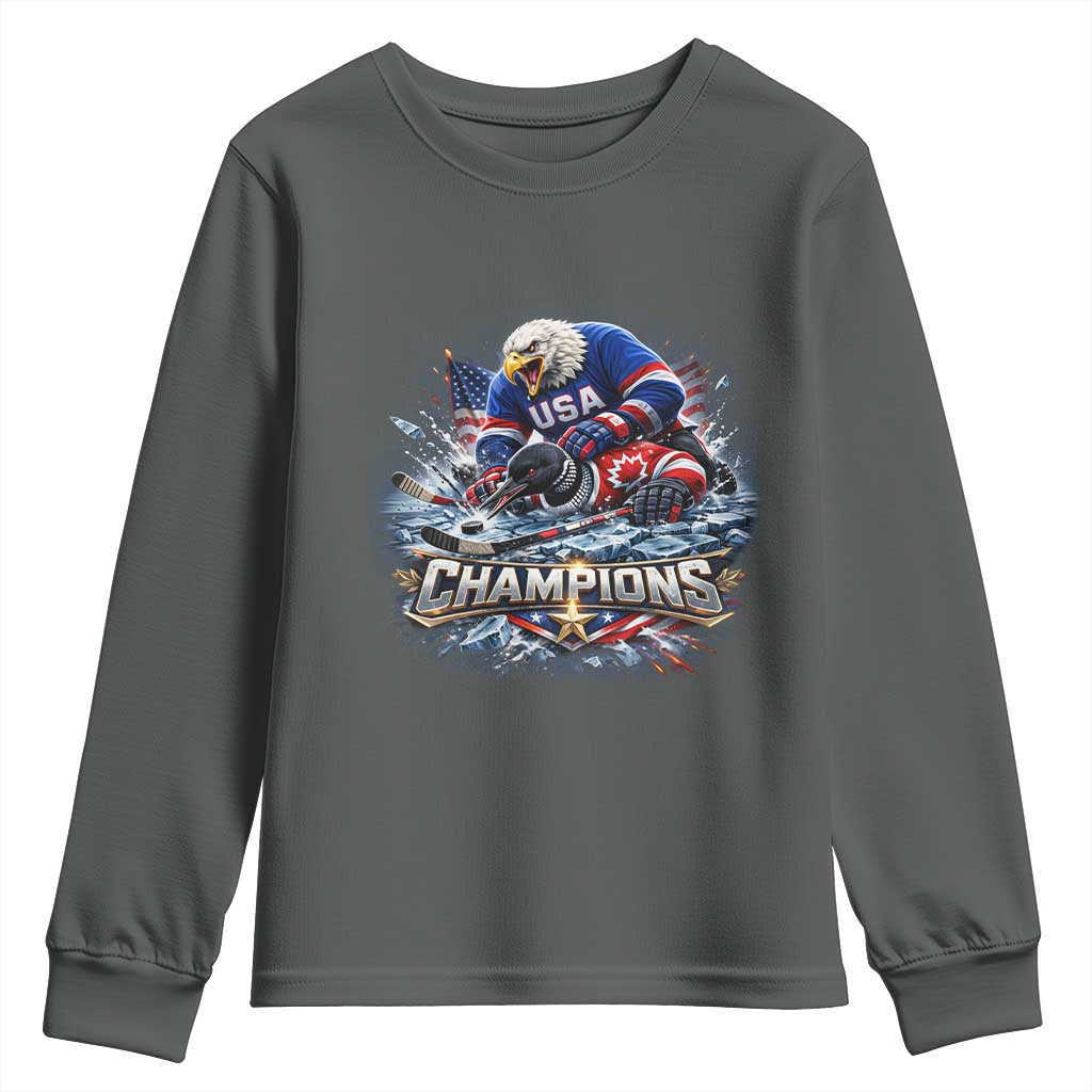 USA Ice Hockey Youth Sweatshirt Eagle Dominates Canada 2026 Hockey Champions Graphic TS10 Dark Heather Print Your Wear