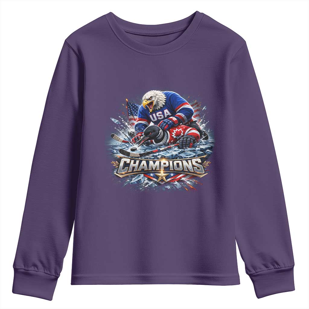 USA Ice Hockey Youth Sweatshirt Eagle Dominates Canada 2026 Hockey Champions Graphic TS10 Purple Print Your Wear