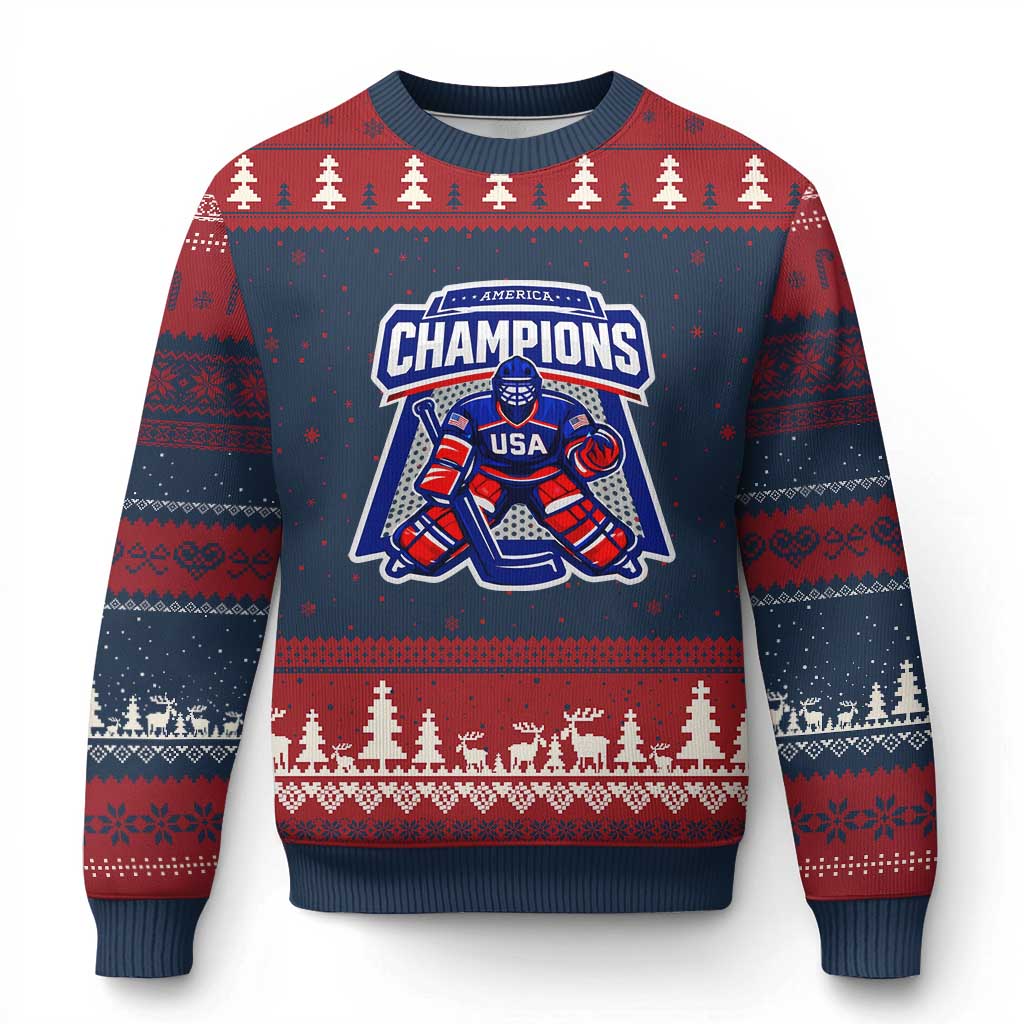 USA Ice Hockey Ugly Christmas Sweater America Champions Patriotic Ice Hockey Team Fan TS10 Navy Red Print Your Wear