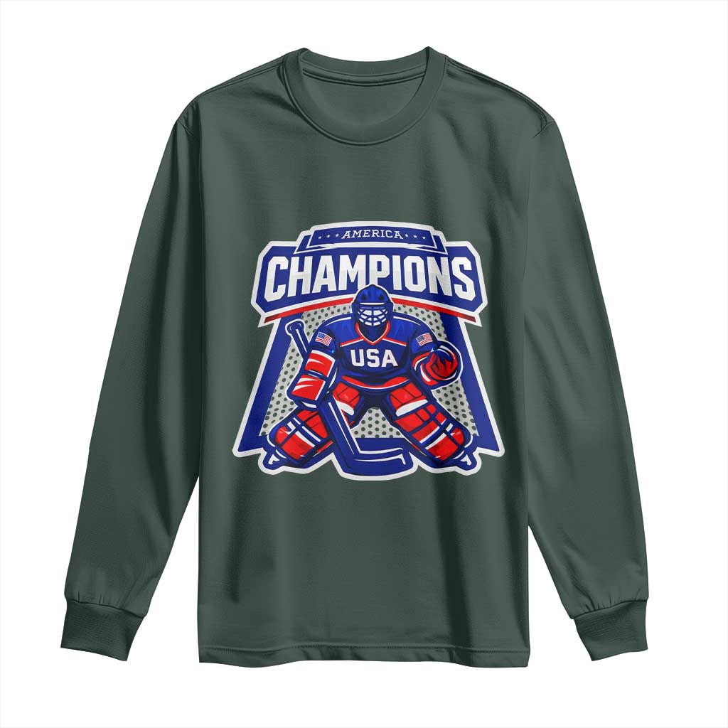 USA Ice Hockey Long Sleeve Shirt America Champions Patriotic Ice Hockey Team Fan TS10 Dark Forest Green Print Your Wear