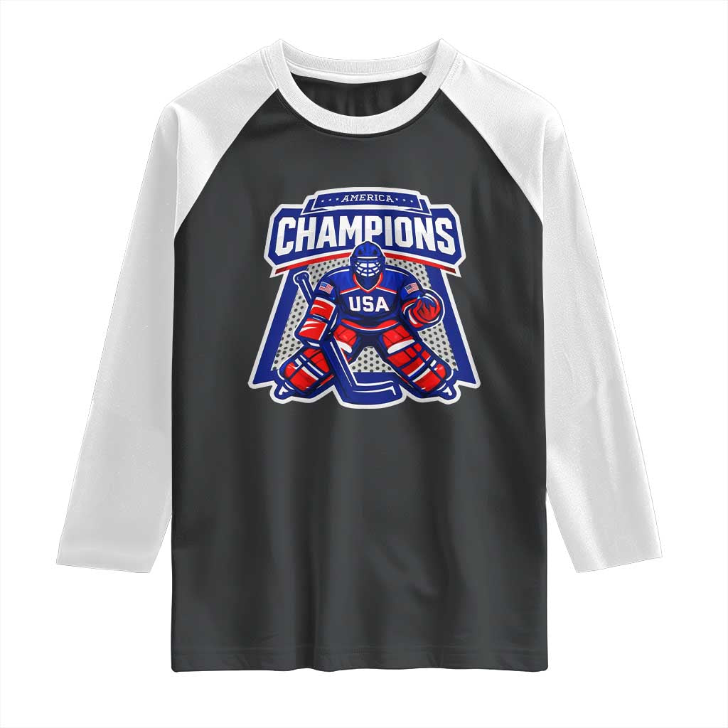 USA Ice Hockey Raglan Shirt America Champions Patriotic Ice Hockey Team Fan TS10 Black White Print Your Wear