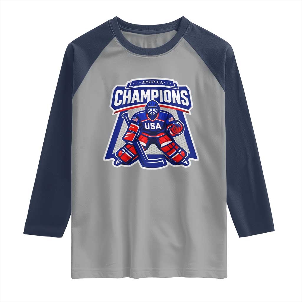 USA Ice Hockey Raglan Shirt America Champions Patriotic Ice Hockey Team Fan TS10 Sport Gray Navy Print Your Wear