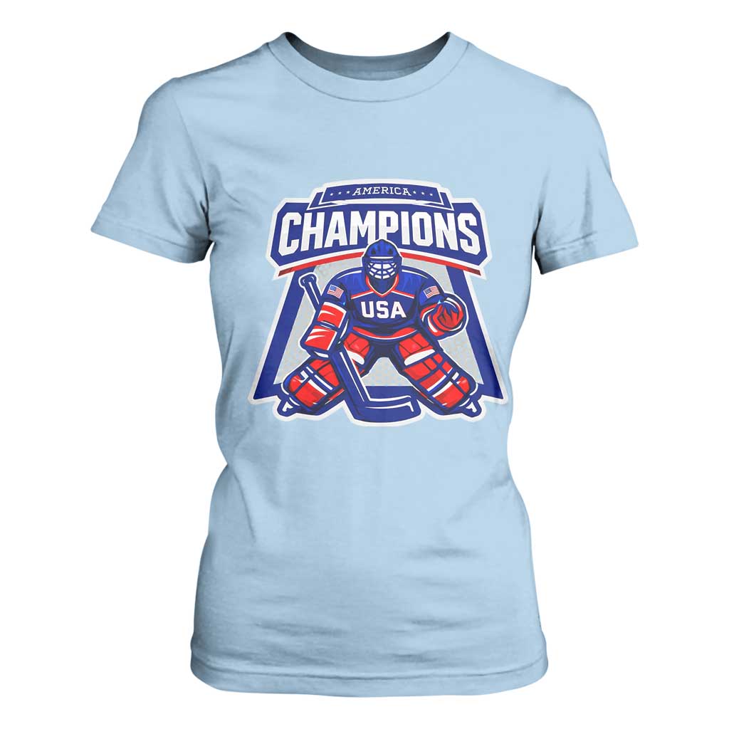 USA Ice Hockey T Shirt For Women America Champions Patriotic Ice Hockey Team Fan TS10 Light Blue Print Your Wear