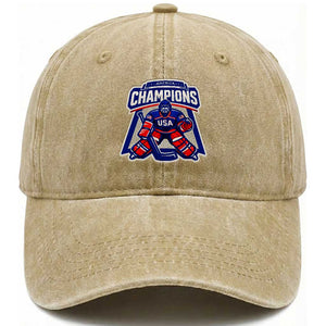 USA Ice Hockey Washed Cotton Baseball Cap America Champions Patriotic Ice Hockey Team Fan TS10 Washed Cap Universal Fit Khaki Print Your Wear