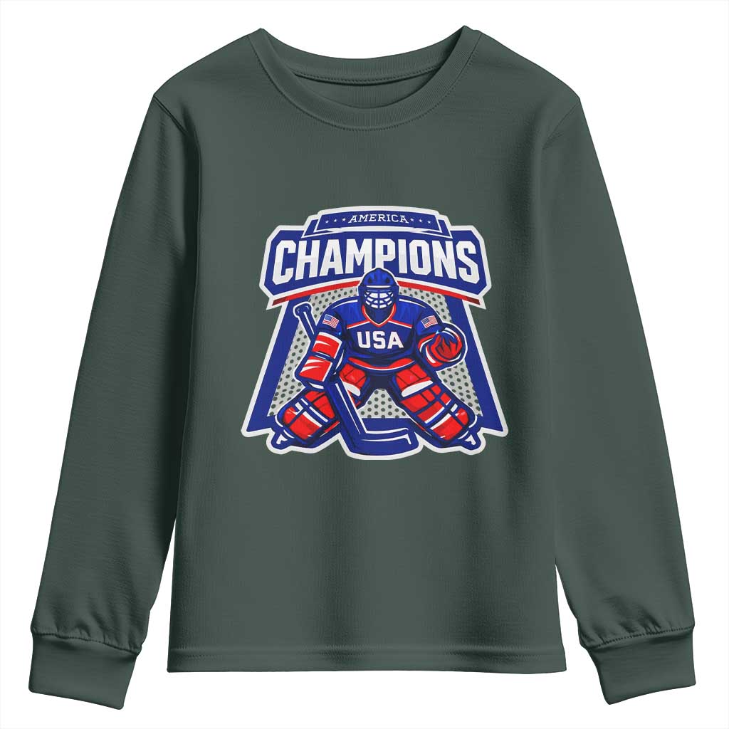 USA Ice Hockey Youth Sweatshirt America Champions Patriotic Ice Hockey Team Fan TS10 Dark Forest Green Print Your Wear