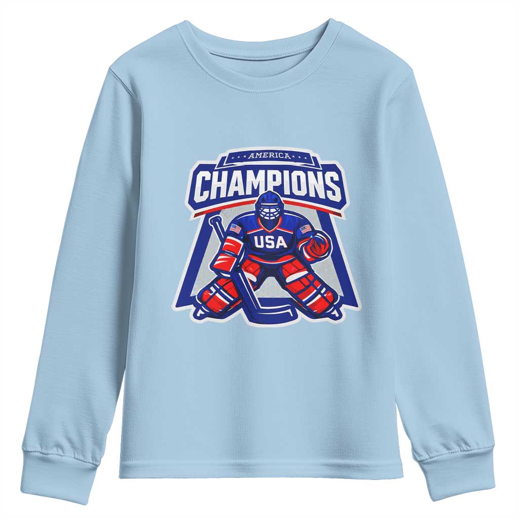 USA Ice Hockey Youth Sweatshirt America Champions Patriotic Ice Hockey Team Fan TS10 Light Blue Print Your Wear