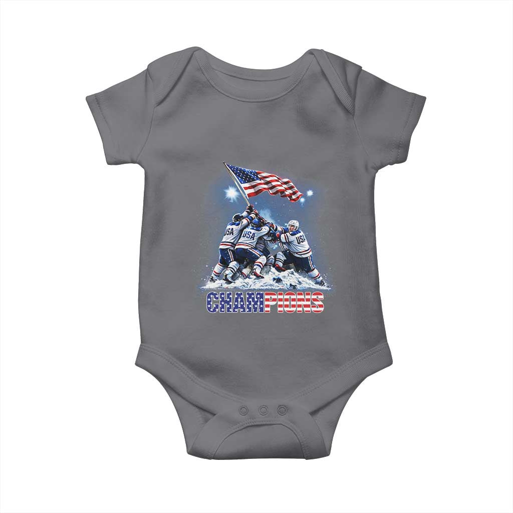 USA Ice Hockey Baby Onesie Hockey Champions 2026 USA Players Raising Flag On Ice TS10 Charcoal Print Your Wear