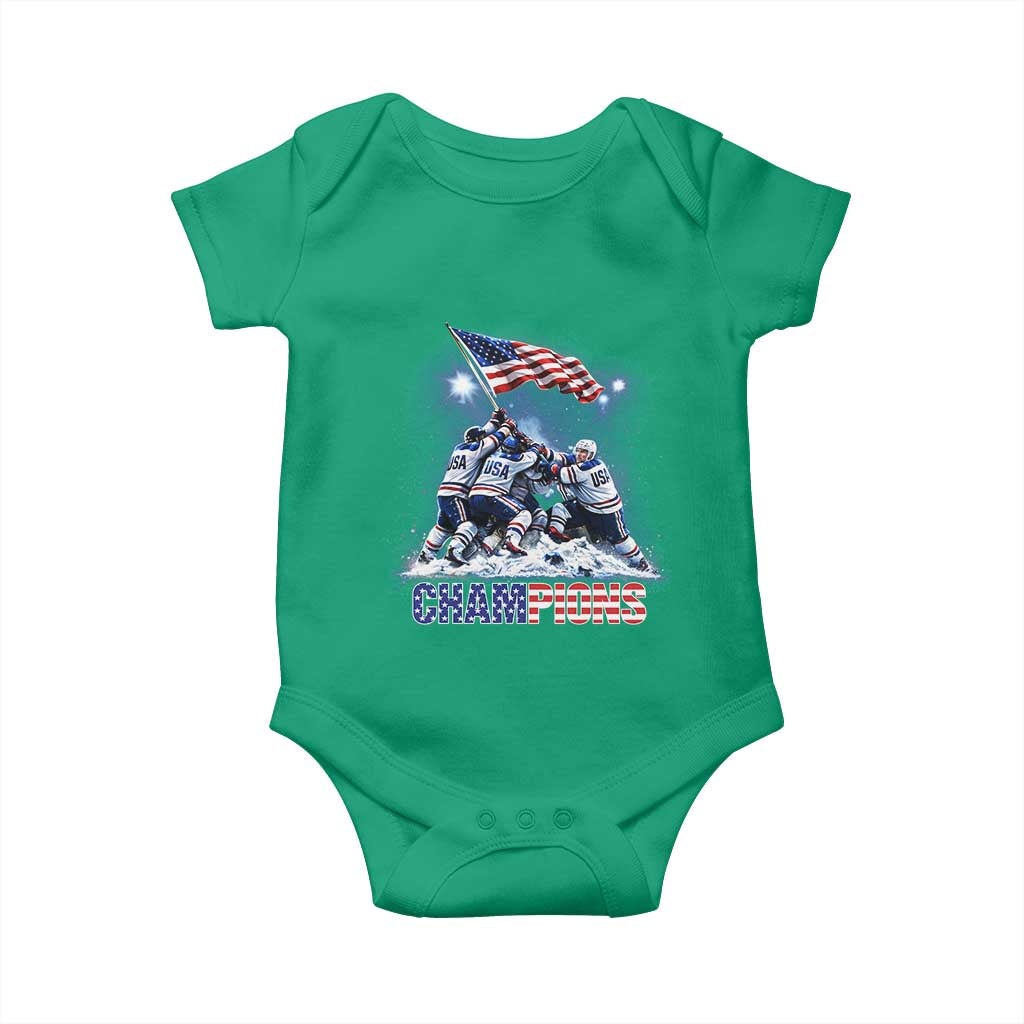 USA Ice Hockey Baby Onesie Hockey Champions 2026 USA Players Raising Flag On Ice TS10 Irish Green Print Your Wear