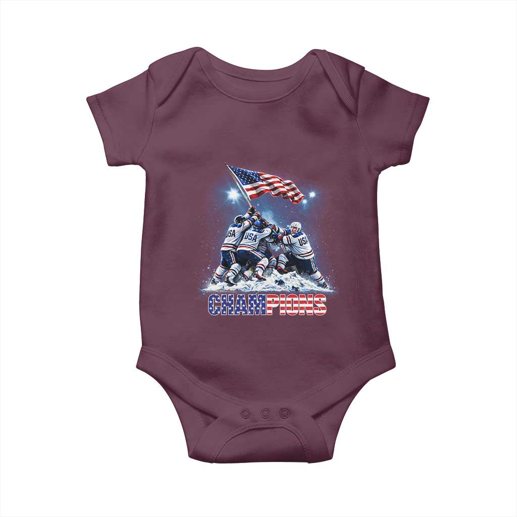 USA Ice Hockey Baby Onesie Hockey Champions 2026 USA Players Raising Flag On Ice TS10 Maroon Print Your Wear