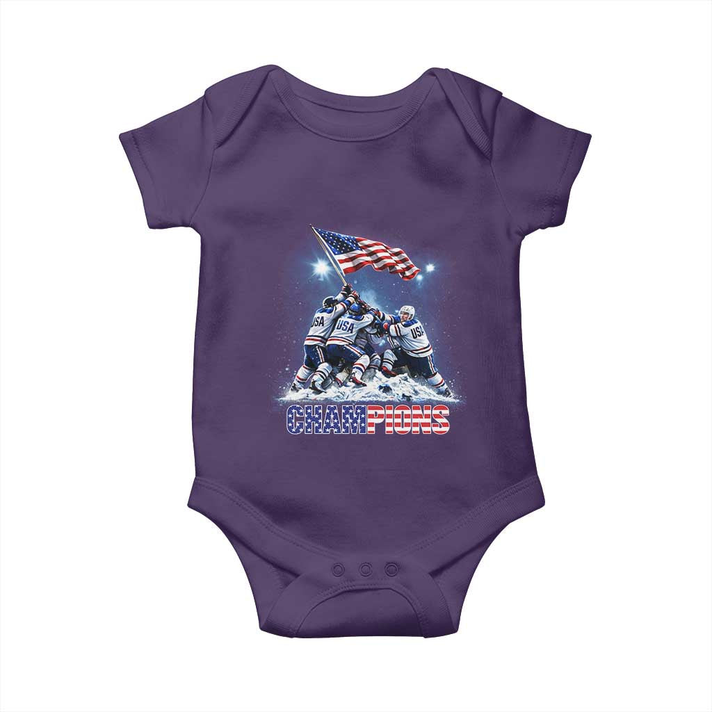 USA Ice Hockey Baby Onesie Hockey Champions 2026 USA Players Raising Flag On Ice TS10 Purple Print Your Wear