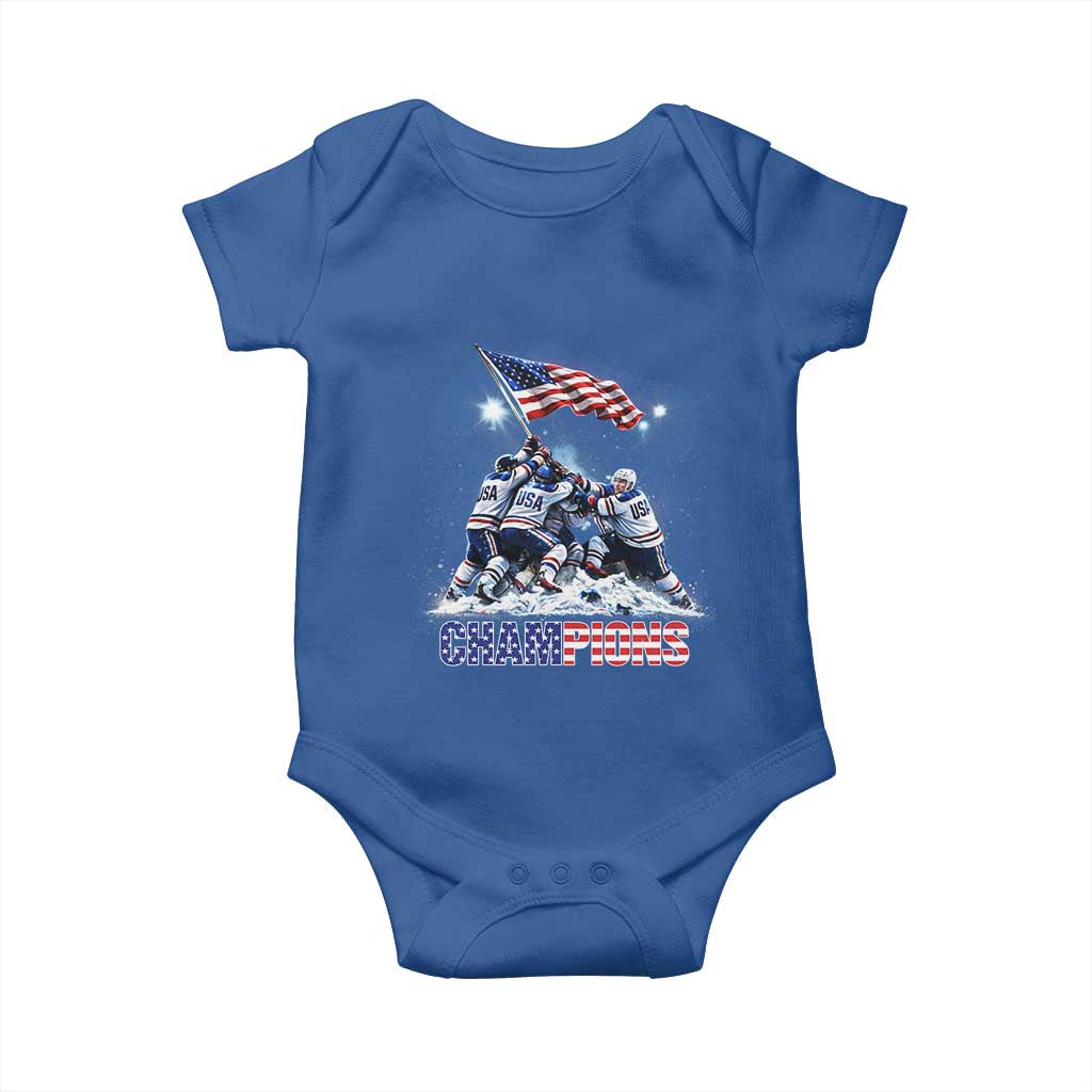 USA Ice Hockey Baby Onesie Hockey Champions 2026 USA Players Raising Flag On Ice TS10 Royal Blue Print Your Wear
