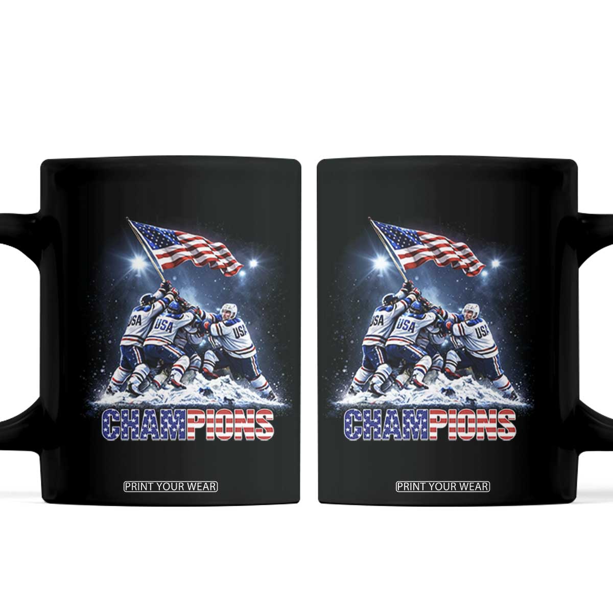 USA Ice Hockey Coffee Mug Hockey Champions 2026 USA Players Raising Flag On Ice TS10 Black Print Your Wear