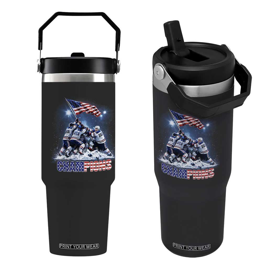 USA Ice Hockey Flip Straw Tumbler Hockey Champions 2026 USA Players Raising Flag On Ice TS10 One Size: 30 oz Black Print Your Wear