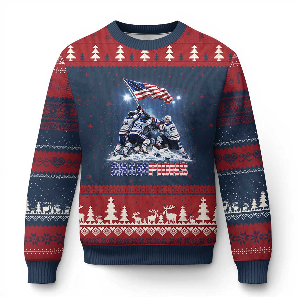 USA Ice Hockey Ugly Christmas Sweater Hockey Champions 2026 USA Players Raising Flag On Ice TS10 Navy Red Print Your Wear
