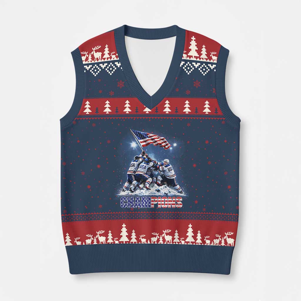 USA Ice Hockey V-Neck Knit Sweater Vest Hockey Champions 2026 USA Players Raising Flag On Ice TS10 Navy Red Print Your Wear
