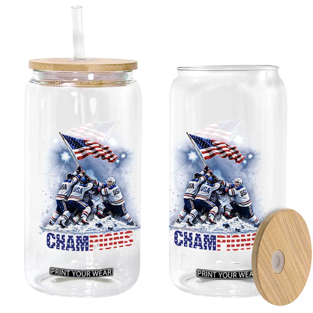 USA Ice Hockey Glass Can Hockey Champions 2026 USA Players Raising Flag On Ice TS10 Print Your Wear