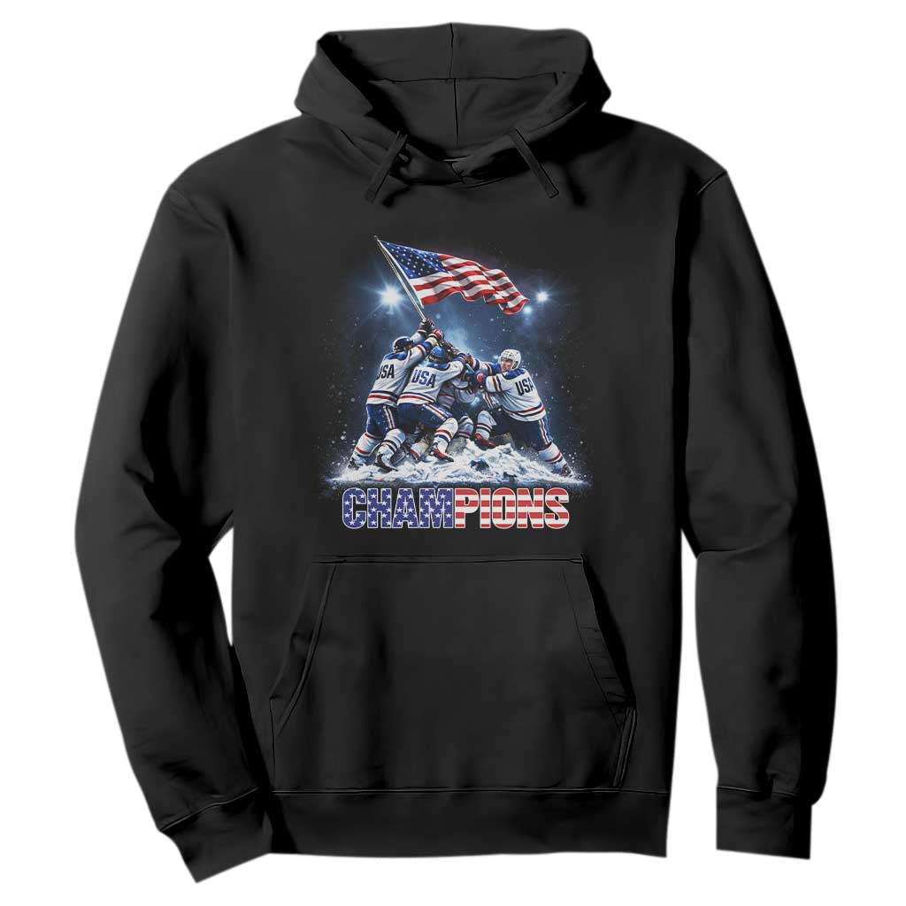 USA Ice Hockey Hoodie Hockey Champions 2026 USA Players Raising Flag On Ice TS10 Black Print Your Wear