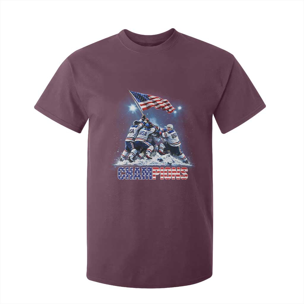 USA Ice Hockey T Shirt For Kid Hockey Champions 2026 USA Players Raising Flag On Ice TS10 Maroon Print Your Wear