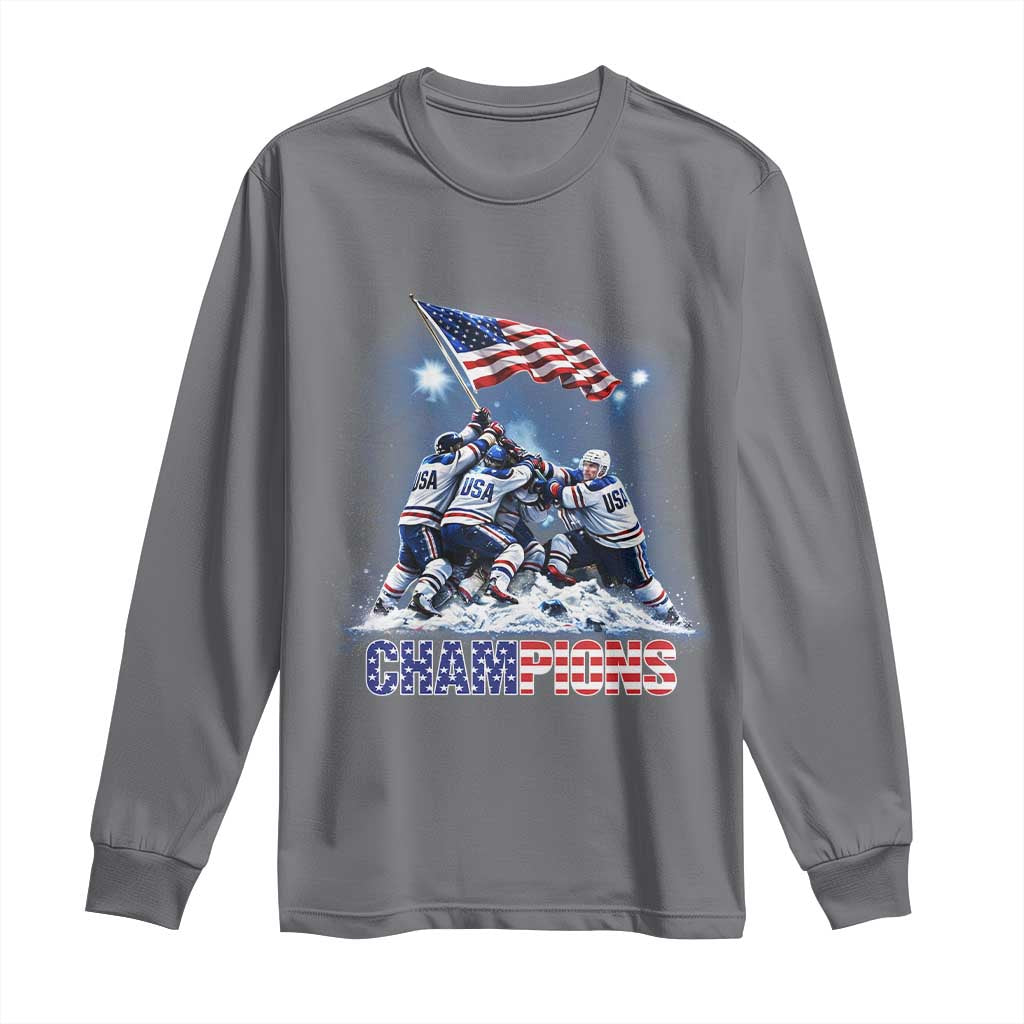 USA Ice Hockey Long Sleeve Shirt Hockey Champions 2026 USA Players Raising Flag On Ice TS10 Charcoal Print Your Wear