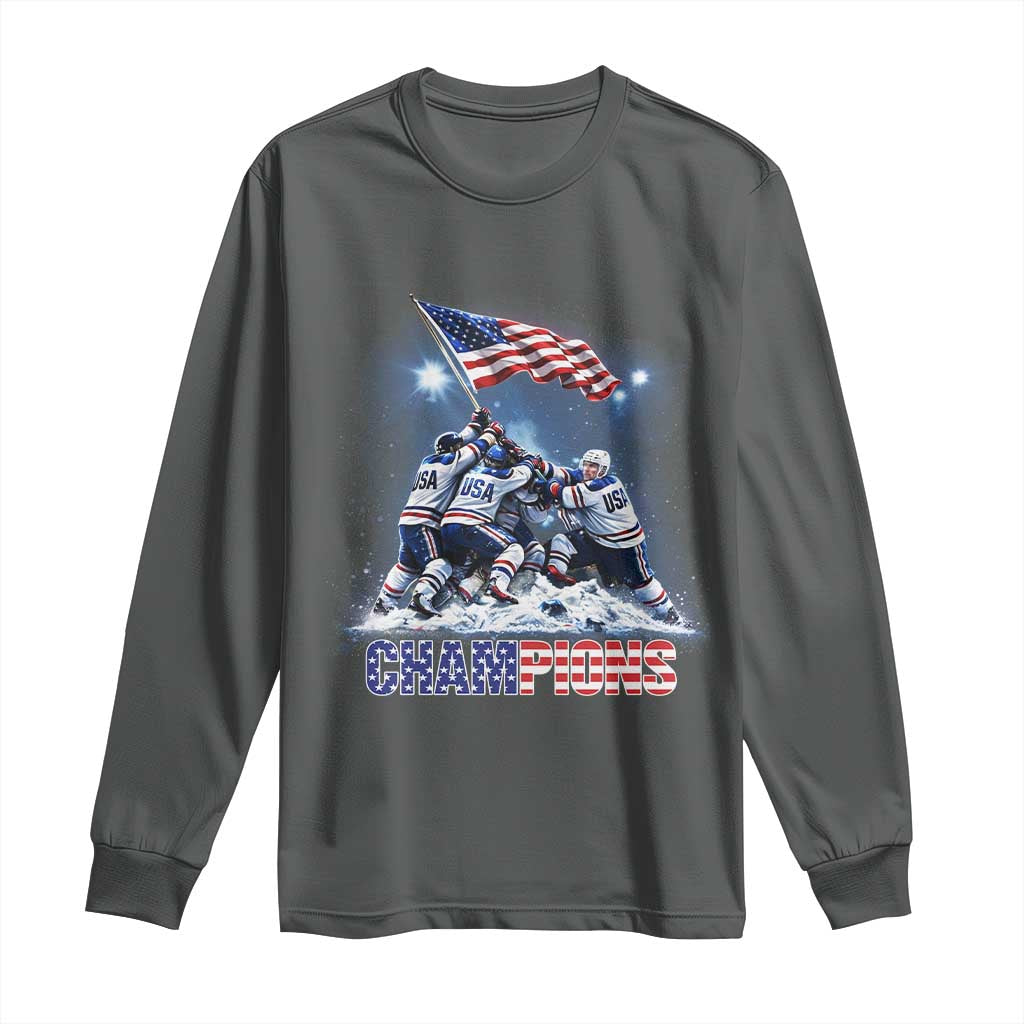 USA Ice Hockey Long Sleeve Shirt Hockey Champions 2026 USA Players Raising Flag On Ice TS10 Dark Heather Print Your Wear