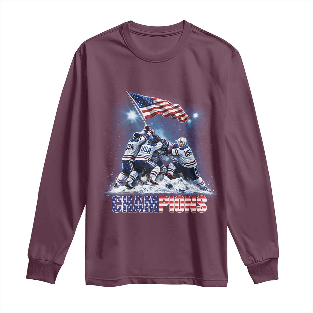 USA Ice Hockey Long Sleeve Shirt Hockey Champions 2026 USA Players Raising Flag On Ice TS10 Maroon Print Your Wear