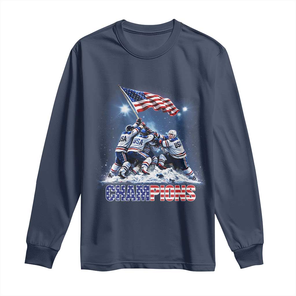 USA Ice Hockey Long Sleeve Shirt Hockey Champions 2026 USA Players Raising Flag On Ice TS10 Navy Print Your Wear