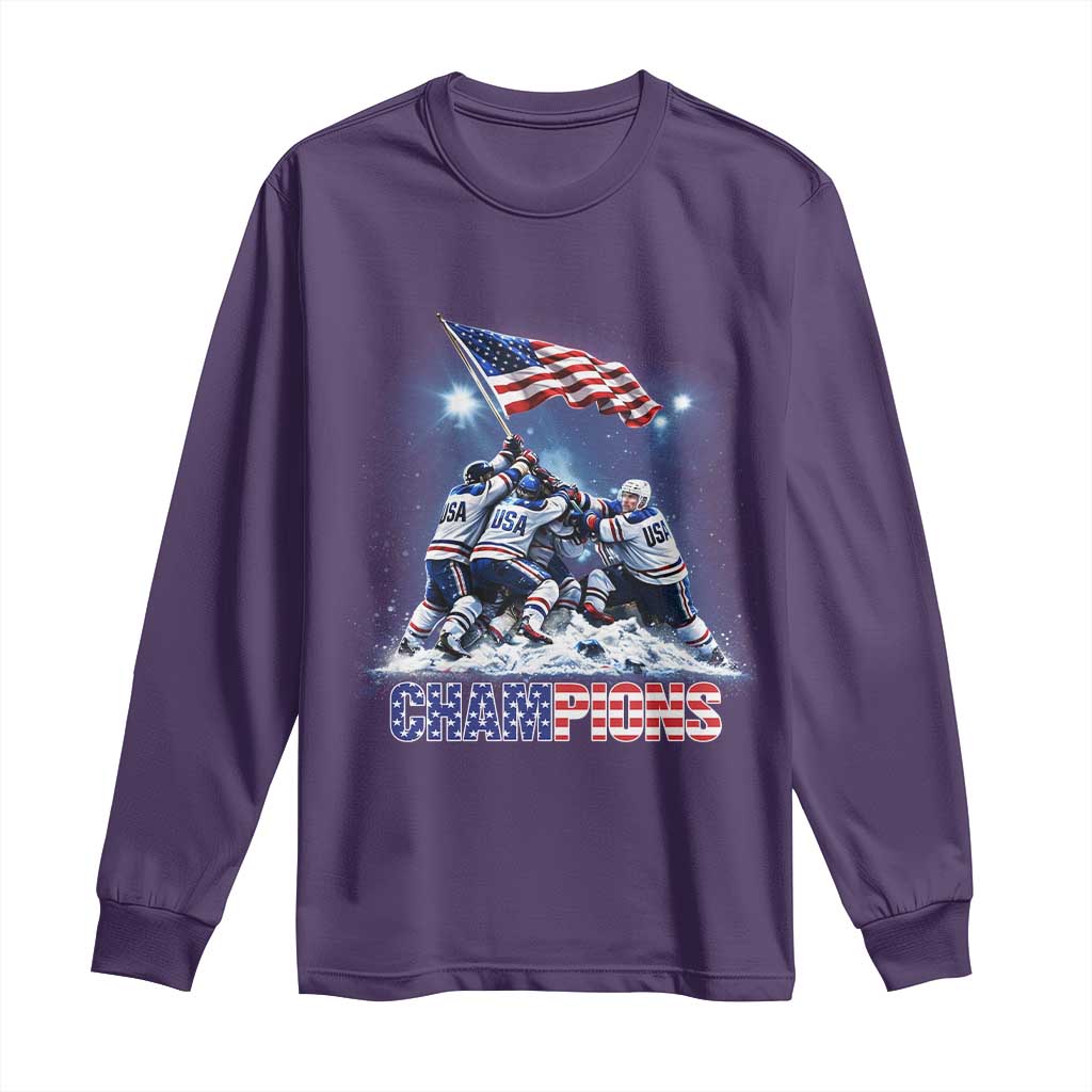 USA Ice Hockey Long Sleeve Shirt Hockey Champions 2026 USA Players Raising Flag On Ice TS10 Purple Print Your Wear
