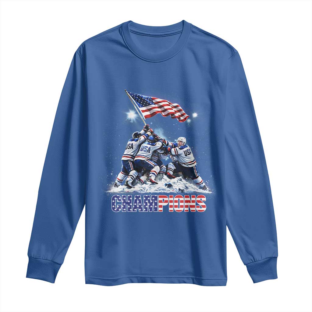 USA Ice Hockey Long Sleeve Shirt Hockey Champions 2026 USA Players Raising Flag On Ice TS10 Royal Blue Print Your Wear