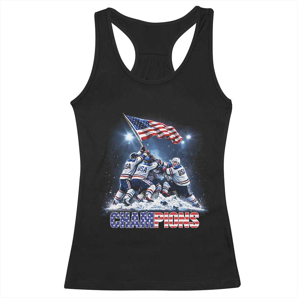 USA Ice Hockey Racerback Tank Top Hockey Champions 2026 USA Players Raising Flag On Ice TS10 Black Print Your Wear