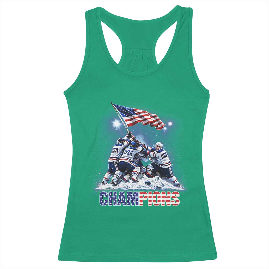 USA Ice Hockey Racerback Tank Top Hockey Champions 2026 USA Players Raising Flag On Ice TS10 Irish Green Print Your Wear