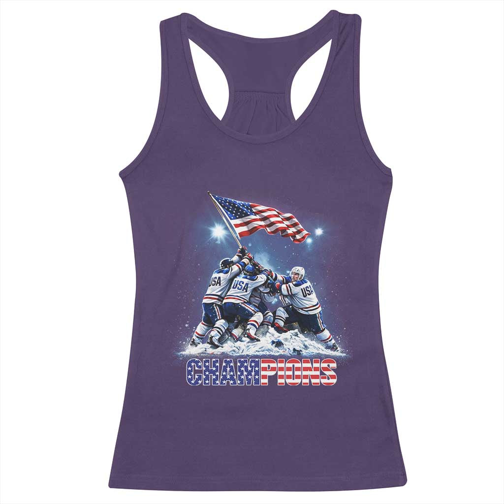 USA Ice Hockey Racerback Tank Top Hockey Champions 2026 USA Players Raising Flag On Ice TS10 Purple Print Your Wear