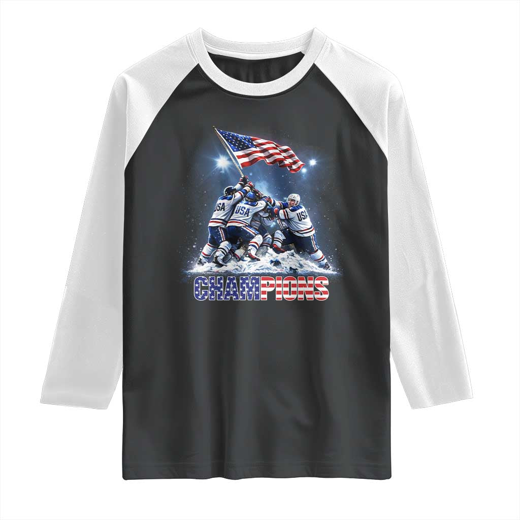 USA Ice Hockey Raglan Shirt Hockey Champions 2026 USA Players Raising Flag On Ice TS10 Black White Print Your Wear