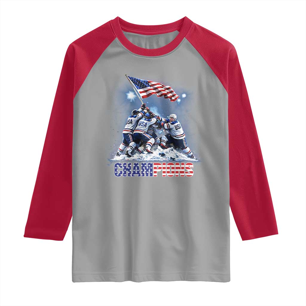 USA Ice Hockey Raglan Shirt Hockey Champions 2026 USA Players Raising Flag On Ice TS10 Sport Gray Red Print Your Wear