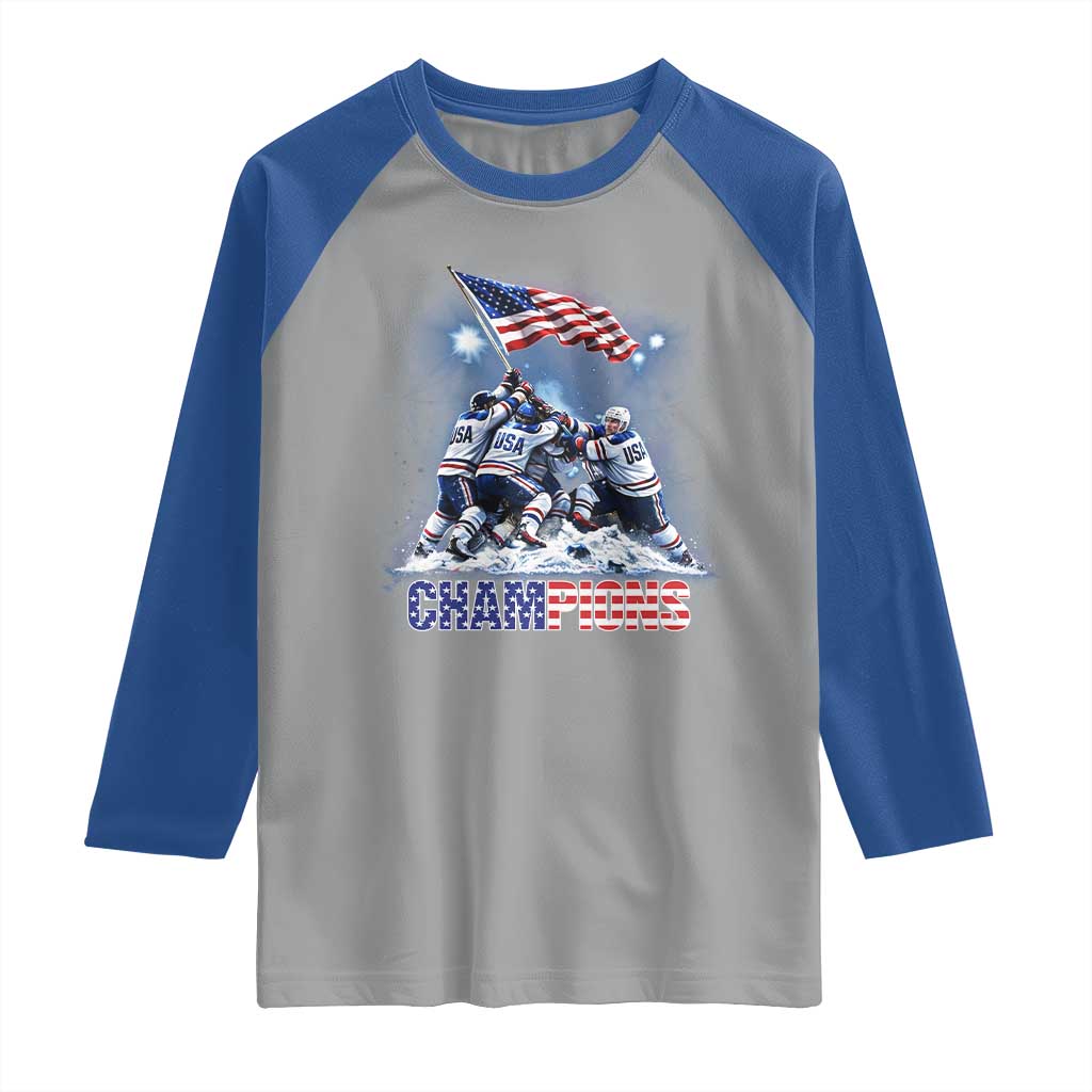 USA Ice Hockey Raglan Shirt Hockey Champions 2026 USA Players Raising Flag On Ice TS10 Sport Gray Royal Print Your Wear