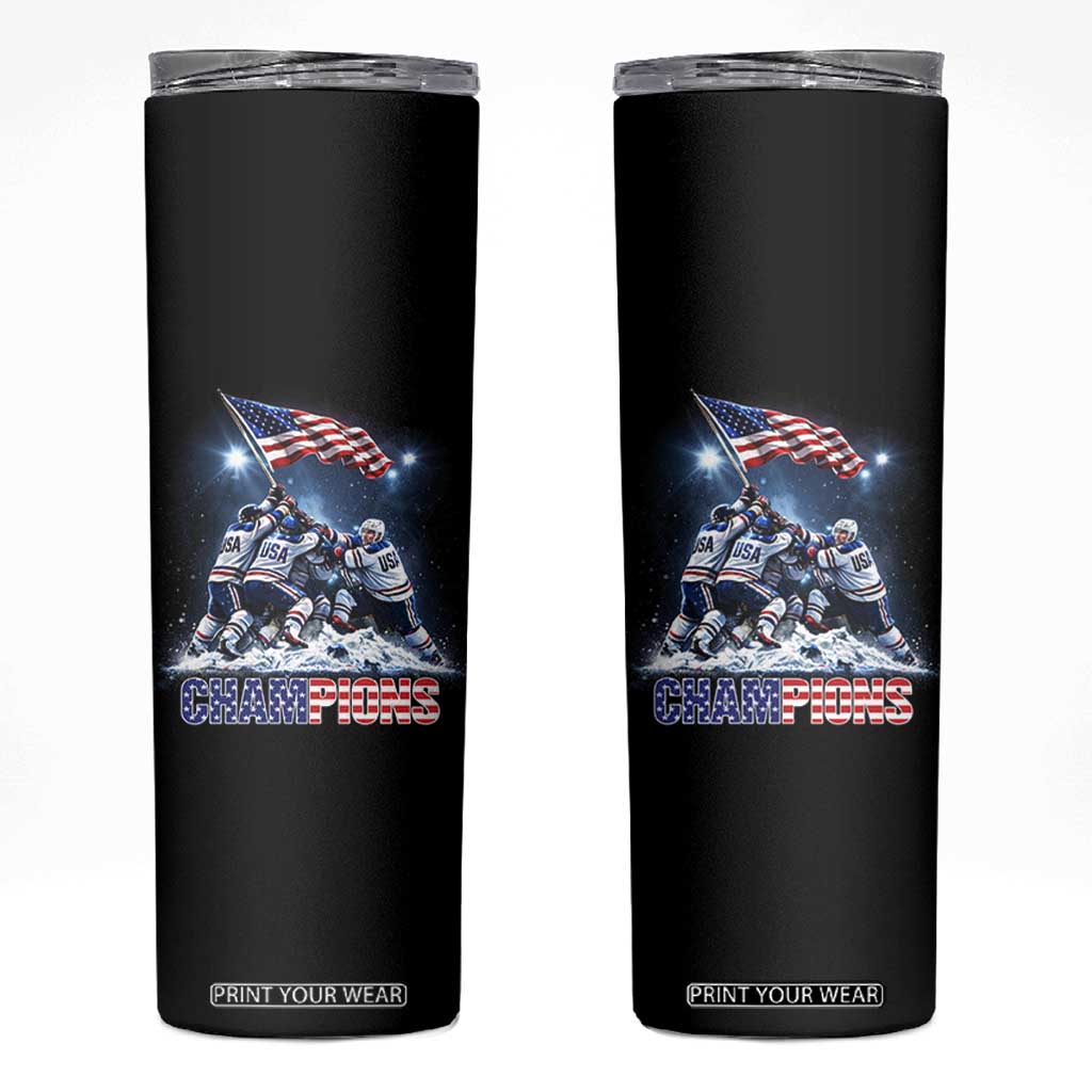 USA Ice Hockey Skinny Tumbler Hockey Champions 2026 USA Players Raising Flag On Ice TS10 Black Print Your Wear