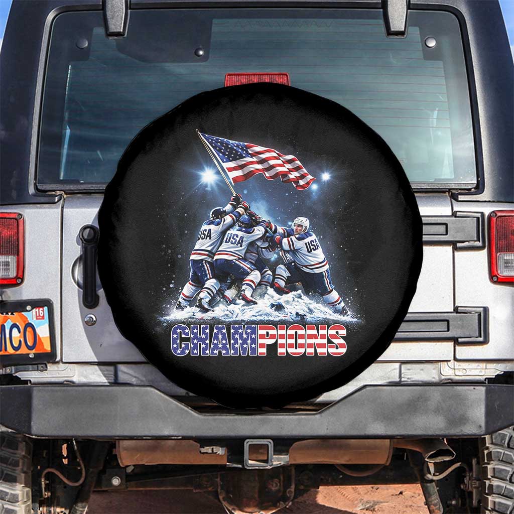 USA Ice Hockey Spare Tire Cover Hockey Champions 2026 USA Players Raising Flag On Ice TS10 No hole Black Print Your Wear
