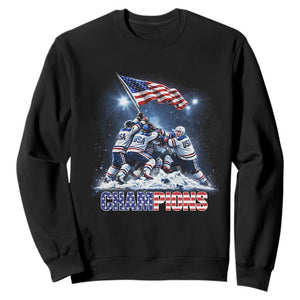 USA Ice Hockey Sweatshirt Hockey Champions 2026 USA Players Raising Flag On Ice TS10 Black Print Your Wear