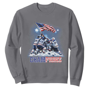 USA Ice Hockey Sweatshirt Hockey Champions 2026 USA Players Raising Flag On Ice TS10 Charcoal Print Your Wear