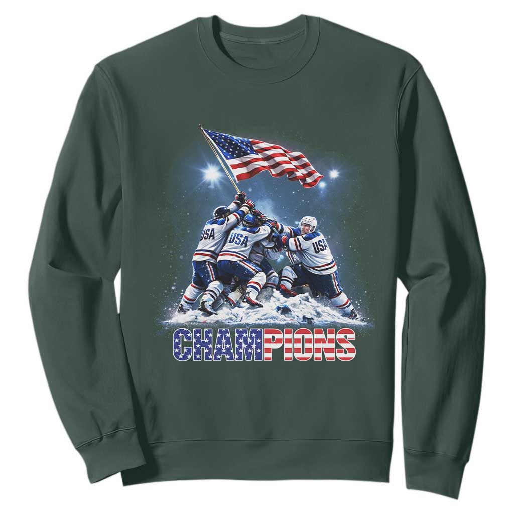 USA Ice Hockey Sweatshirt Hockey Champions 2026 USA Players Raising Flag On Ice TS10 Dark Forest Green Print Your Wear
