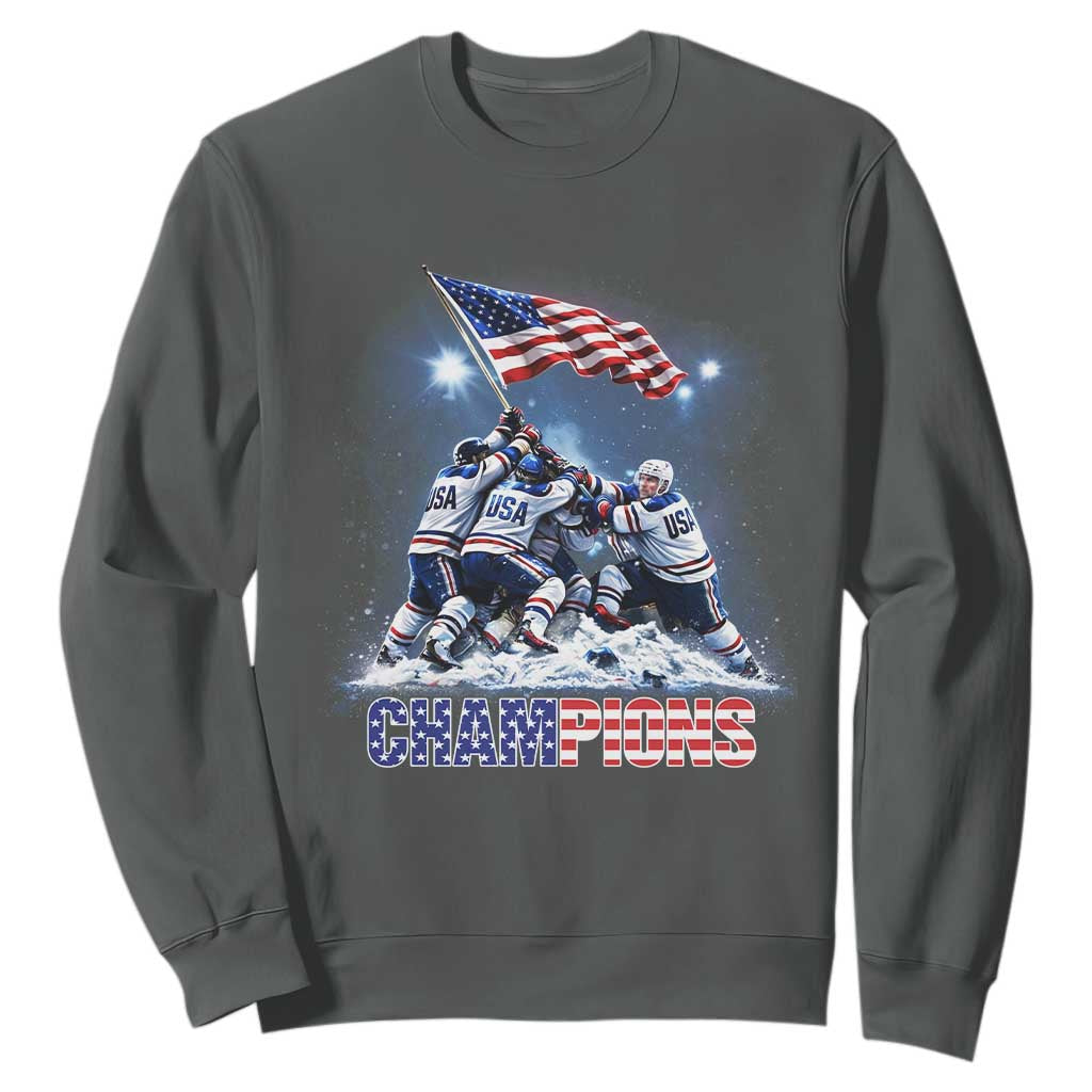 USA Ice Hockey Sweatshirt Hockey Champions 2026 USA Players Raising Flag On Ice TS10 Dark Heather Print Your Wear